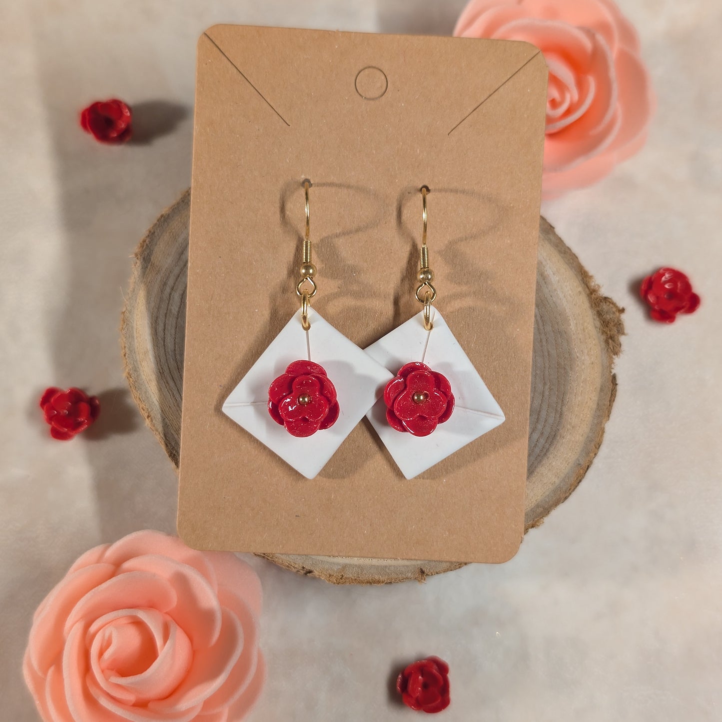Boucles d’oreilles - St Valentin, enveloppe et rose