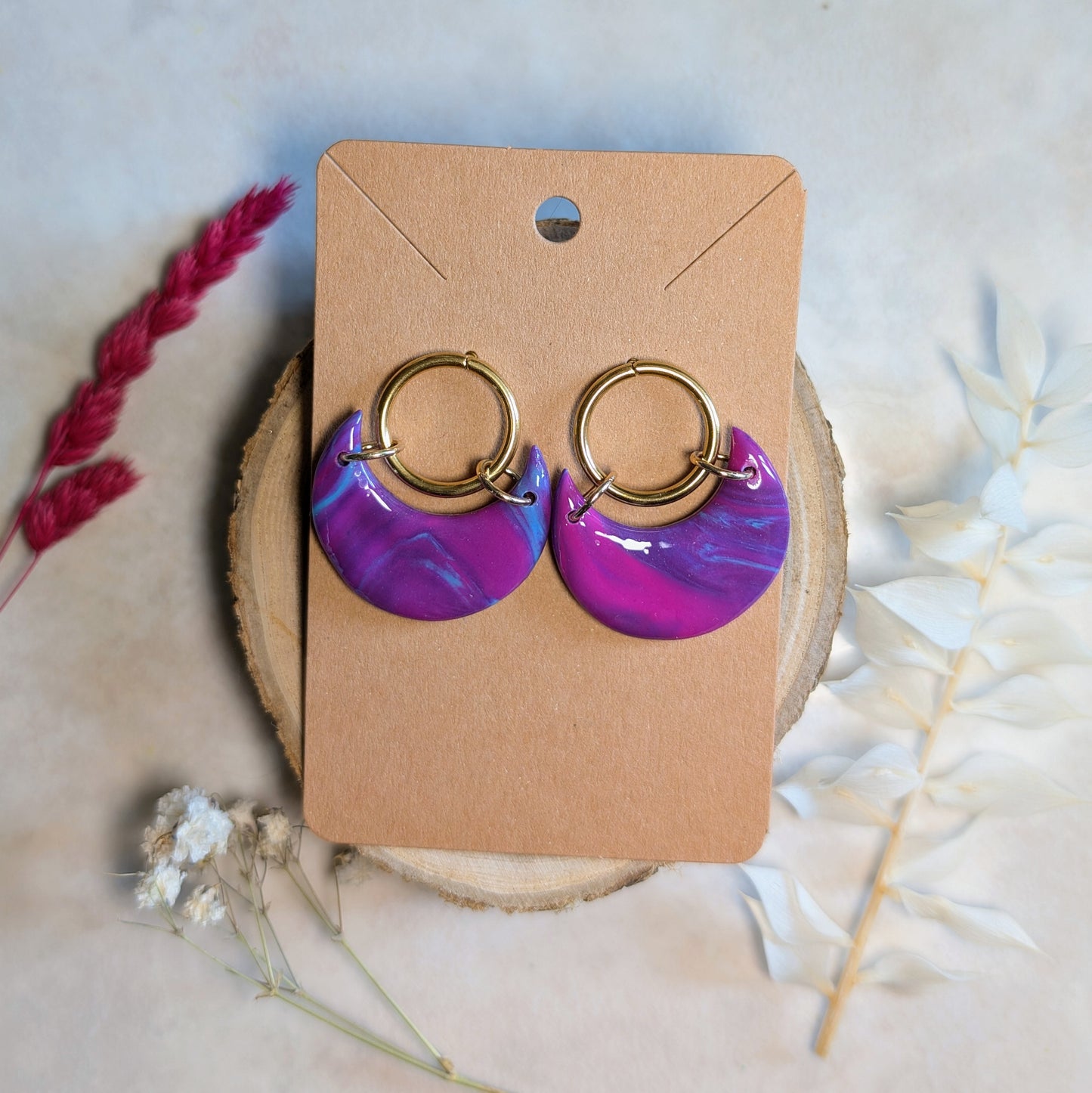Boucles d'oreilles - Demi-Lunes Violettes et Bleues