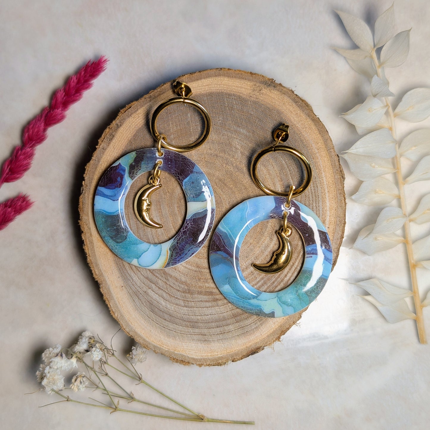 Boucles d'oreilles - Créoles Lune Bleue - Bloom Atelier