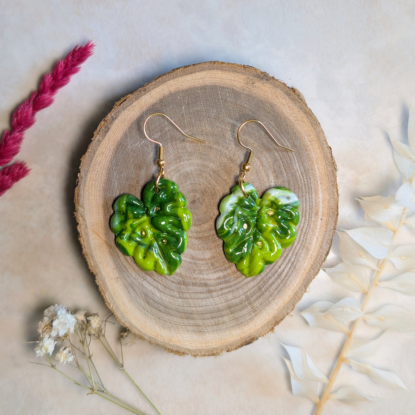 Boucles d'oreilles - Feuilles Vertes Dorées - Bloom Atelier