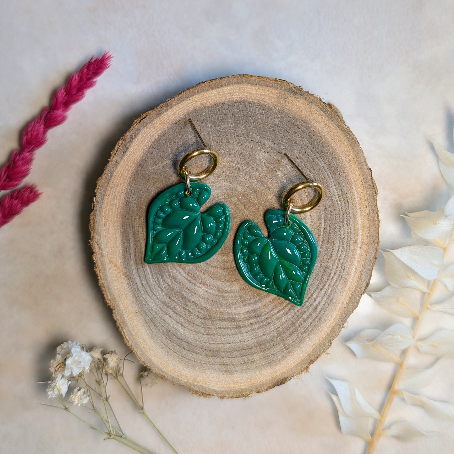Boucles d'oreilles - Feuilles Turquoise avec Anneau Doré - Bloom Atelier