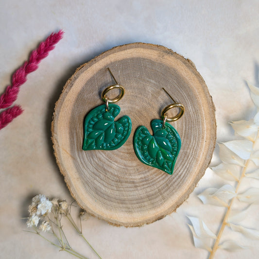 Boucles d'oreilles - Feuilles Turquoise avec Anneau Doré - Bloom Atelier