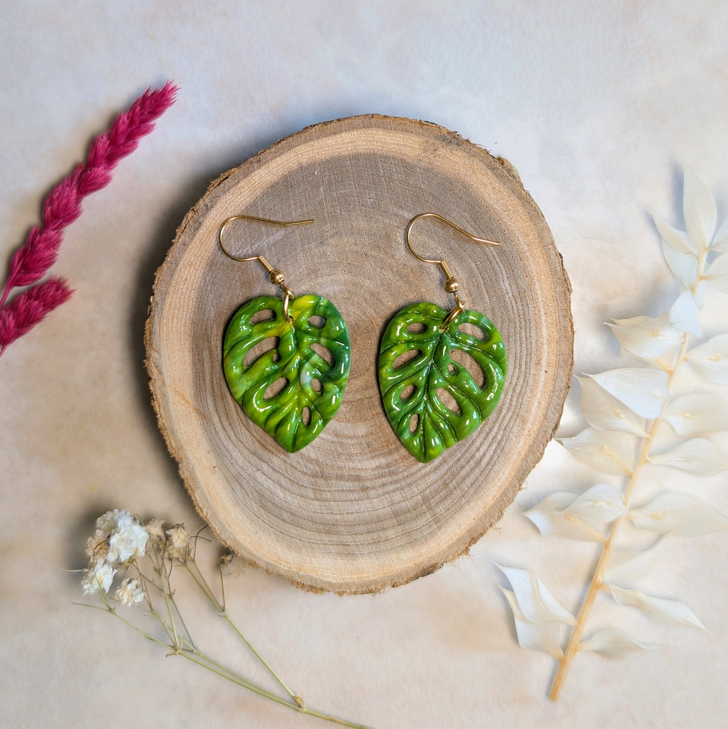 Boucles d'oreilles - Monstera Verte Crochet Doré - Bloom Atelier