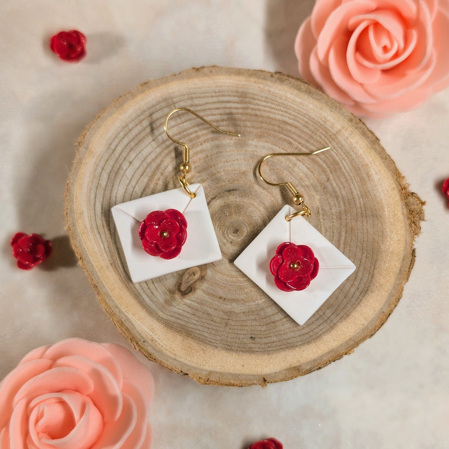 Boucles d’oreilles - St Valentin, enveloppe et rose
